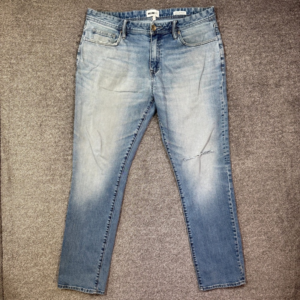 William Rast Dean Slim Straight Jeans Mens 36x32 Light Wash Distressed Denim